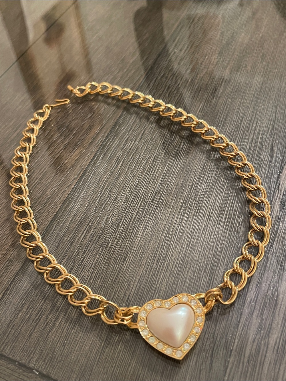 VTG 1994 Avon Heart of My Heart Necklace 3D Puffy Faux Pearl Double Link Chain